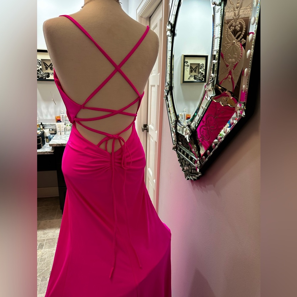 New La Femme Hot Pink Cut Out Cocktail Prom Gala Wedding Party Hi Slit Gown - Picture 8 of 17